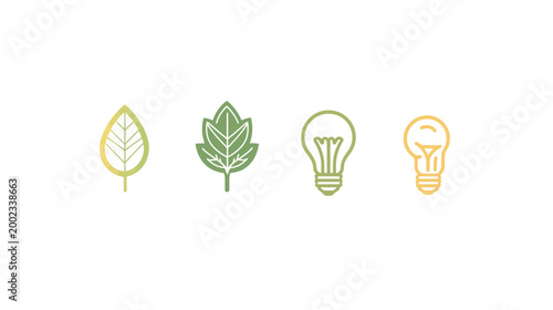 A white background with four illustrative line art icons, green leaves and two lightbulbs
