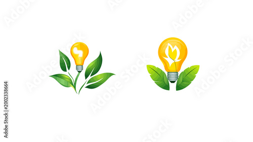 Two cartoon light bulbs paired with leaves on a white background, representing eco ideas