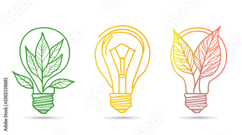 Three stylized lightbulbs, each with a different color scheme, containing either leaves or an inner light structure