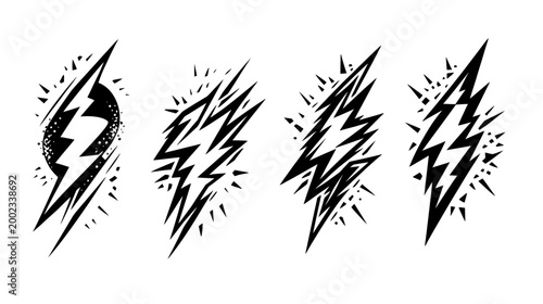 Four black and white illustrations of lightning bolts with a variety of spikey bursts and angular designs
