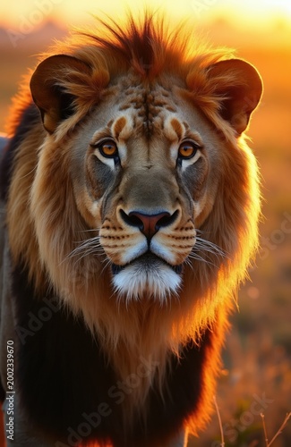 Majestic male lion with full mane stares forward. Golden hour light illuminates animal face and fur. African savanna landscape backdrop. Powerful predator intense gaze.
