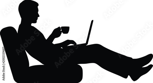 Man Drinking Coffee While Working on Laptop Silhouette – Relaxed Freelancer Remote Work Vector Illustration