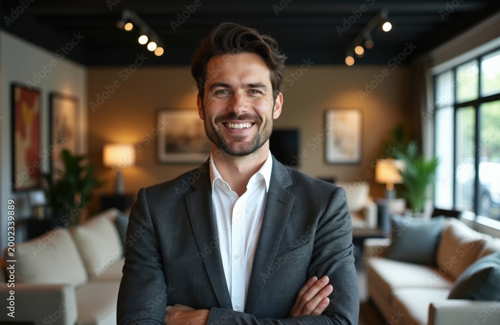 Fototapeta premium Smiling man in suit stands in furniture showroom. He arms crossed, offers expert advice on home decor selection. Pro sales assistant helps customer choose furnishings for their house.