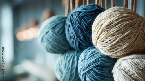 Various textured yarn balls in soft natural and blue shades stacked together showcasing knitting materials and cozy crafting essentials indoors