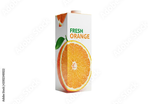Orange juice tetra pak carton with a hyper-realistic fruit label isolated on a transparent background with a soft shadow. Concept for beverage advertising