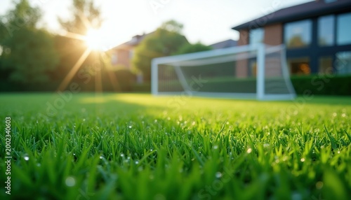 Dewy green artificial grass in early morning light. Blurred soccer goal and modern houses form background. Fresh turf texture glistens with water droplets.