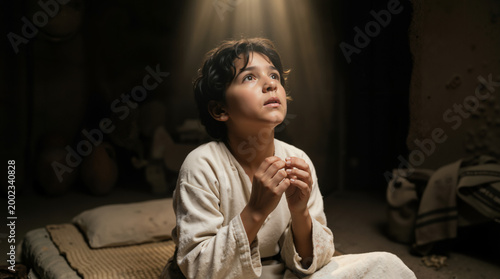 Young boy praying in a dark room with divine light. Biblical scene of Samuel listening to God at night. Spiritual concept