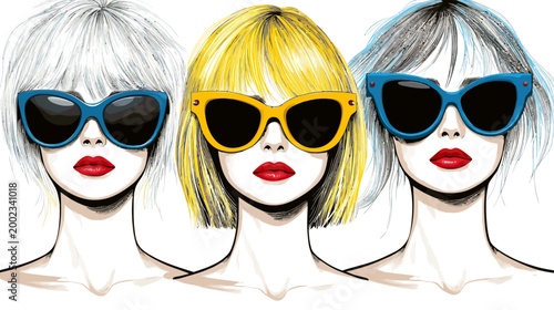 Illustration of three stylized women with varying hair colors, sunglasses, and red lips