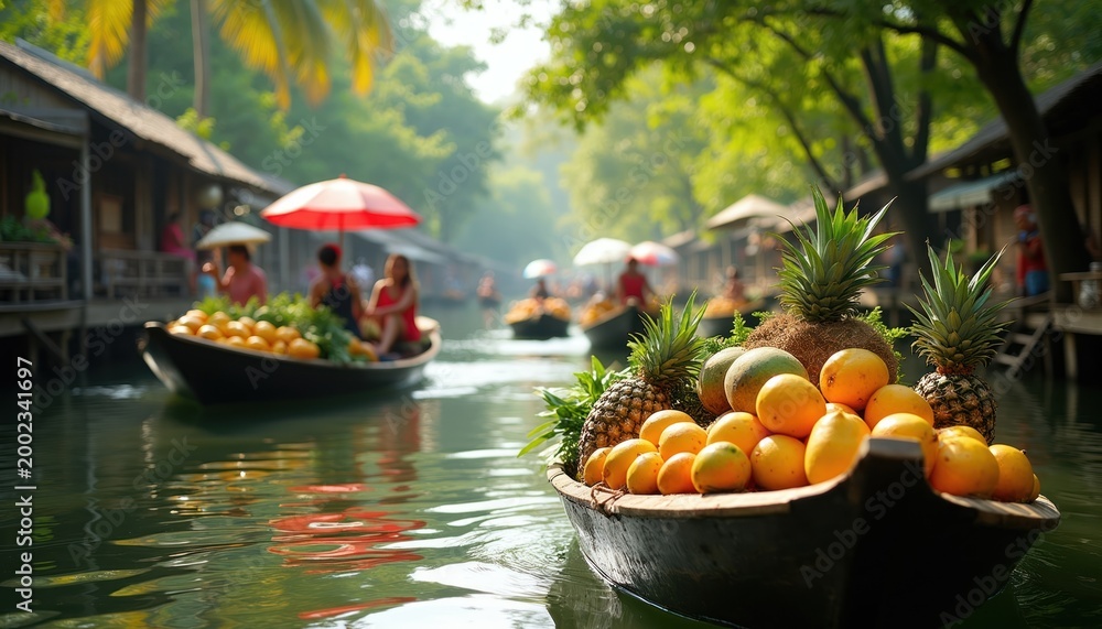 Fototapeta premium Boats laden with tropical fruits like mangoes and pineapples float on a canal. People buy produce from vendors in this vibrant Asian market.
