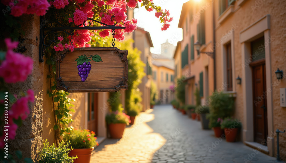 Naklejka premium Charming Italian street with potted flowers and grapevine sign. Buildings line cobblestone lane. Warm sunlight creates inviting ambiance for travel or vineyard visit.