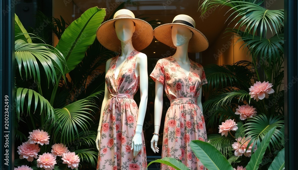 Obraz premium Two fashion mannequins wear floral print dresses and straw hats. Lush green plants and pink flowers create a tropical urban boutique display. Window setting.