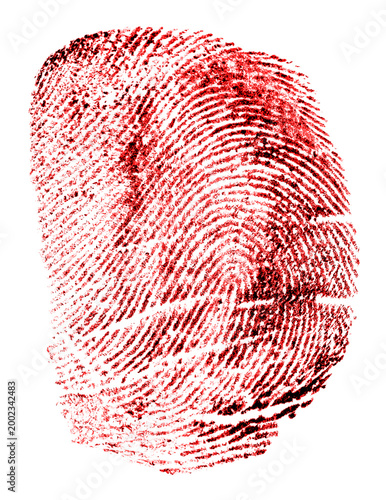 Single bloody fingerprint isolated on a white background, top view. Red ink fingerprint. Halloween.