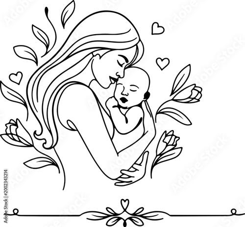 Mother embracing newborn baby with flowers, maternal love and parenting line art vector