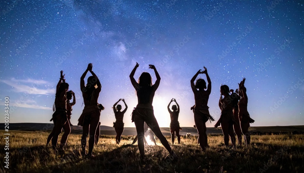 Fototapeta premium Silhouettes of people dancing under a starry night sky.