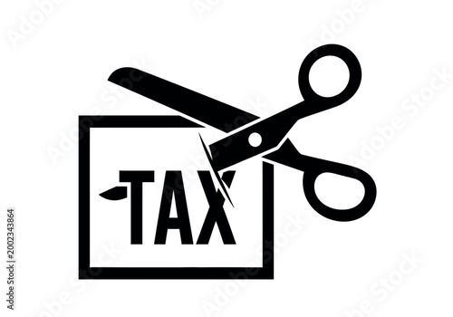 Tax cuts scissors cutting through a 'tax' labelled square illustration