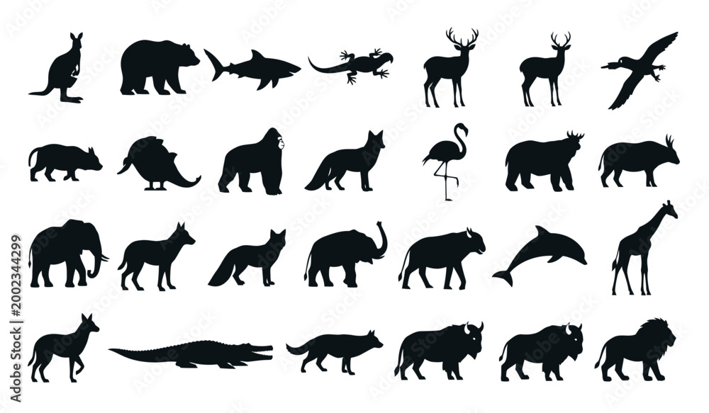 Fototapeta premium Silhouette collection diverse wildlife animals in black against a pale green background