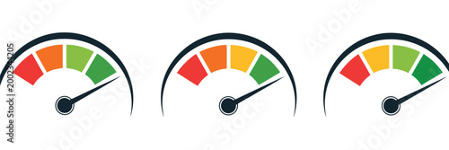 Gauge speedometer icon with colored risk levels from red to green, arrow indicator for low medium high status, financial sentiment meter