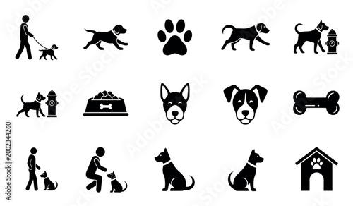 Black silhouette icons representing dogs owners and related pet items
