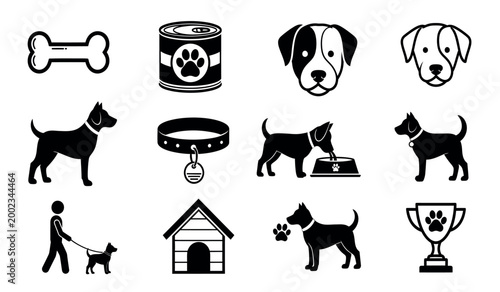 Black and white dog related icons bones food collars and houses