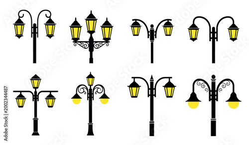 Collection of vintage street lamps a variety of illuminated designs