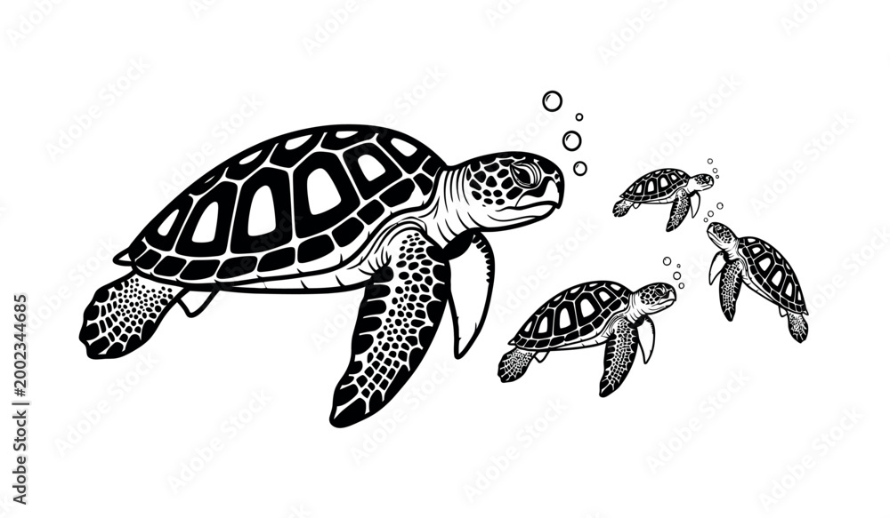 Fototapeta premium Sea turtle family mother and hatchlings swimming in the ocean depths