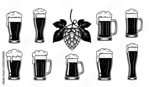 Black and white illustration of beer glasses and hops for brewing