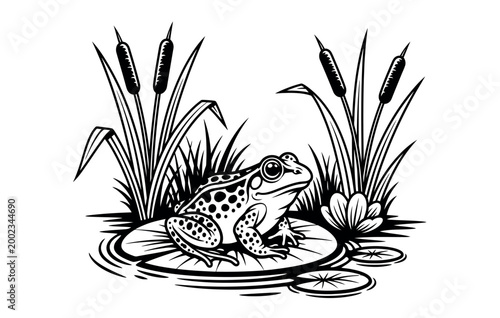 Quadro su tela A vintage black and white illustration of a frog in a pond