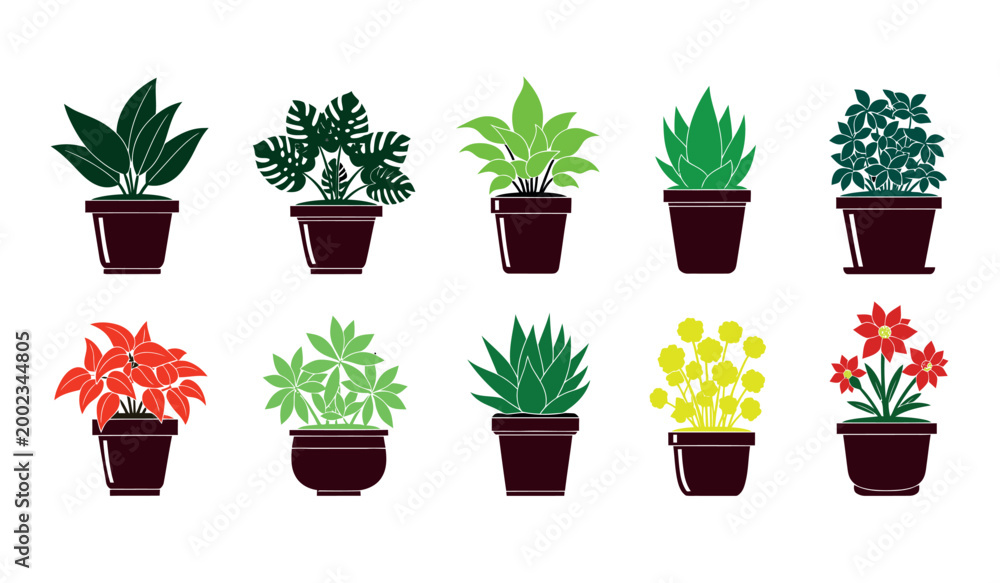 Fototapeta premium Black silhouette collection of potted indoor plants and greenery