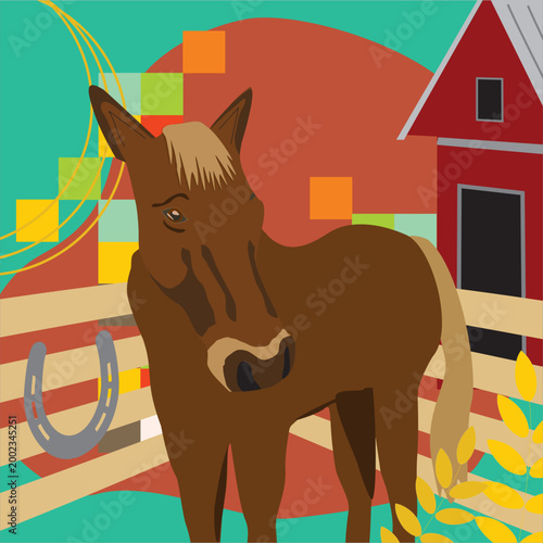 Horse at Barn with Abstract Background