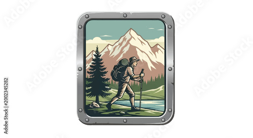 Hiker trekking through mountain landscape vector illustration