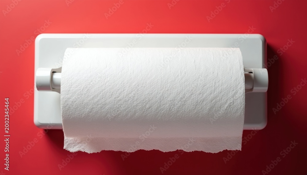 Obraz premium White paper towel roll on wall holder. Absorbent sheets for cleaning kitchen spills or wiping surfaces. Disposable, practical supply for home or business needs. Simple product design.