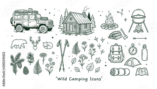 Hand drawn camping vector icons adventure outdoors and wilderness exploration