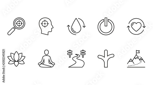 Set of Minimalist Line Icons Representing Personal Growth, Wellness, Decision Making and Achievement