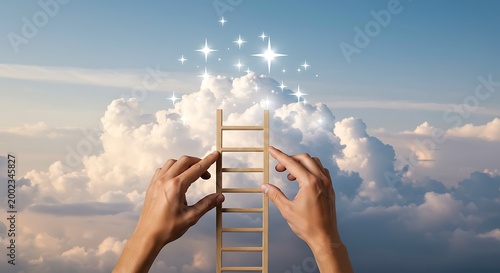 Top-down view male hands placing ladder clouds star icon visual metaphor ambition scaling up