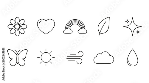 Minimalist Line Icon Set Featuring Nature Elements Weather Symbols and Romantic Heart Illustrations