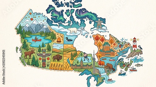 Tableau sur toile Artistic travel map of Canada highlighting regional geography, wildlife, norther
