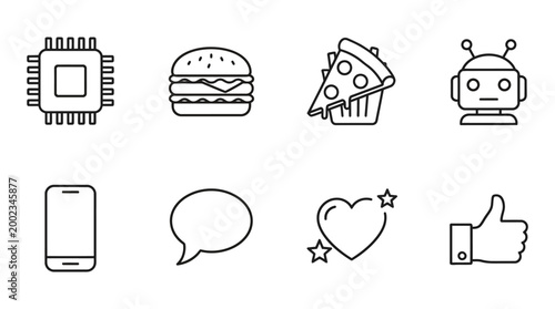 Set of Modern Line Art Icons Representing Technology Food and Social Media Interaction Concepts