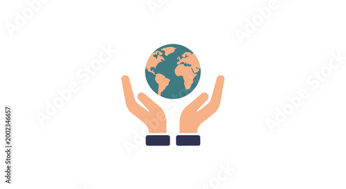 Hands cradling the Earth globe symbol.