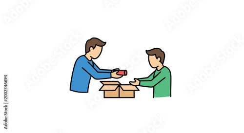 Two men exchanging items from a box.