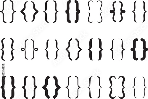 Set of various curly brackets and braces, decorative typographic elements, collection of different bracket styles for design