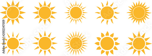 sun icon collection, sunshine and solar glow symbols on white background representing sunrise sunset weather and daylight