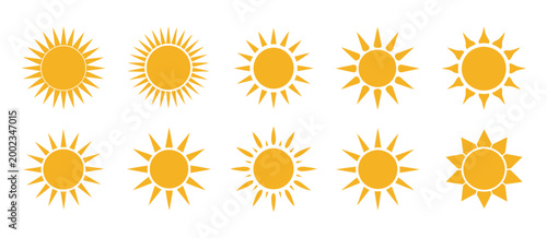 Sun icon set in yellow color on white background, simple sunshine icons