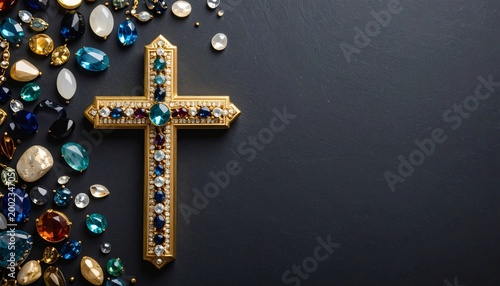 Elegant golden cross adorned with gemstones on a luxurious black surface