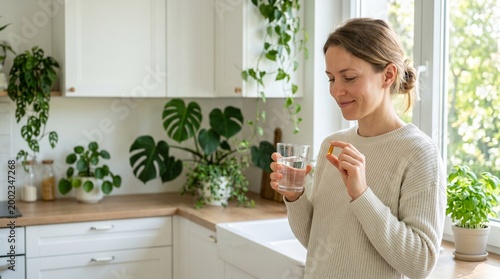 Young woman taking a daily supplement or vitamin pill with a glass of water in a bright modern kitchen filled with houseplants