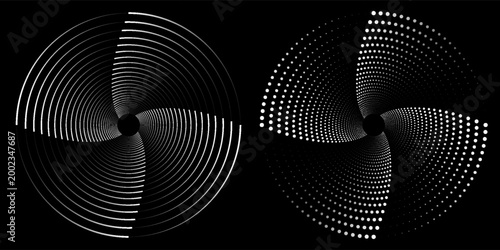 Set of speed lines in circle form. Radial speed Lines in Circle Form for comic books. Technology round Logo. Black thick halftone dotted speed lines.