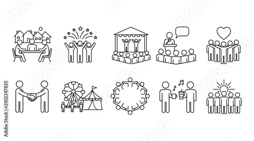 Set of Hand Drawn Social Interaction and Community Event Line Icons on White Background