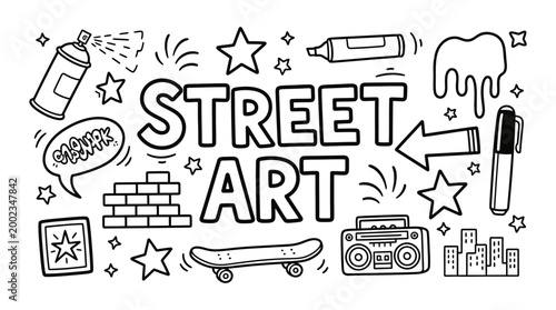 Street Art Hand Drawn Doodle Set with Spray Can Skateboard and Urban Elements on White Background