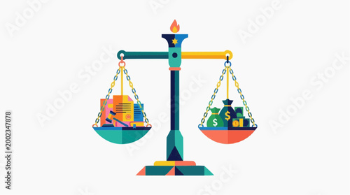 Conceptual illustration of a scale balancing assets and liabilities, symbolizing financial balance and decision-making in a digital artwork. 