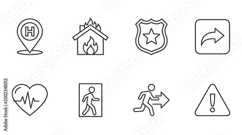 Set of Emergency and Safety Icons with Hospital Pin, Fire Hazard, Shield, and Evacuation Signage