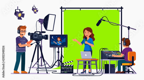 A woman presenter in a professional studio environment is seen alongside a camera crew, a vibrant chroma key backdrop, and other production equipment, ready to create engaging video content.
